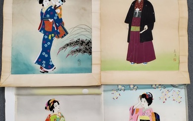 Japanese Painted Silk Figural Vintage Signed Stamped Paintings Lot of 4