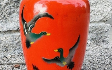 Japanese Porcelain Hand-painted Red Vase with Ducks Marked