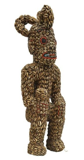 LARGE AFRICAN WOOD, COWRIE SHELL & BEADED FIGURE