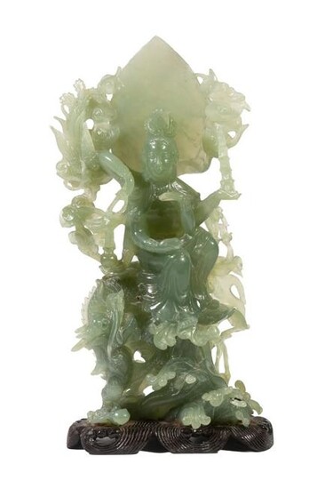 LARGE CHINESE JADE FIGURE OF A FEMALE DEITY SEATED ON A