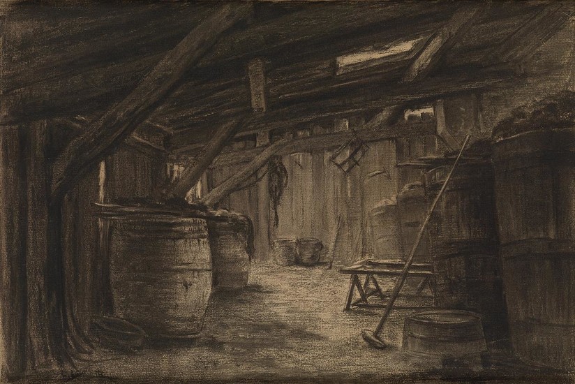 LÉON AUGUSTIN LHERMITTE (Mont-Saint-Père 1844-1925 Paris) A Barn Interior. Black chalk and stump...