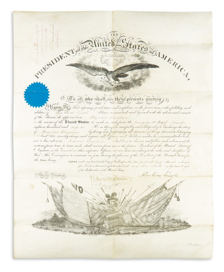 LINCOLN, ABRAHAM. Partly-printed vellum Document Signed, as President, military commission appointing Levi Ward...