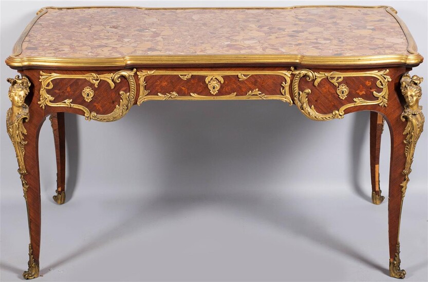 LOUIS XV STYLE ORMOLU MOUNTED TULIPWOOD BUREAU PLAT, LATE 19TH CENTURY, IN THE MANNER OF BOUDET