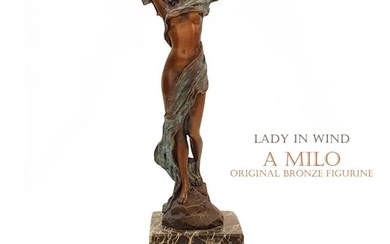 Lady Wind, Art Deco Style Patinated Bronze Figurine, Milo Signed