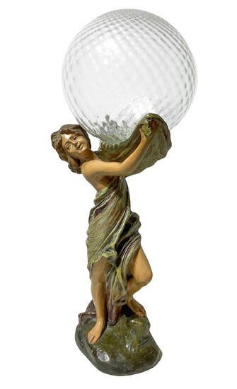 Lampe Liberty représentant une femme en terre cuite polychrome avec coupe en verre, début du...