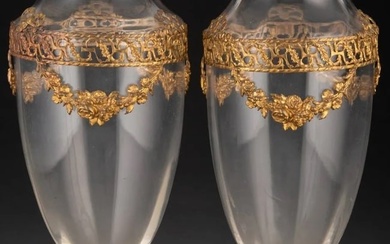 Large Antique 20th Century Pair of Gilt Metal Mounted Glass Vases