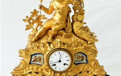 Large Antique Gilt Metal Clock Putti with porcelain plaque