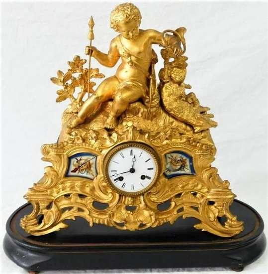 Large Antique Gilt Metal Clock Putti with porcelain plaque