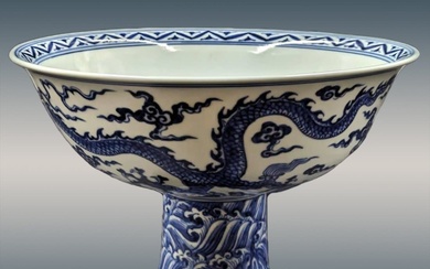 Large Chinese Blue And White Porcelain Stem Bowl With Six...