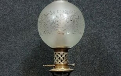 Large petroleum lamp - in navy blue glass - with white decoration - Brass, Bronze, Glass - circa 1900