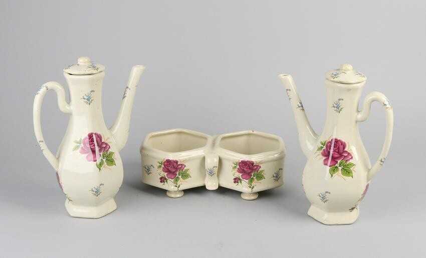 Large three-piece porcelain oil and vinegar set with