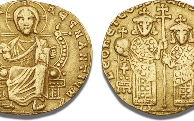 Leo VI the Wise with Constantine VII, 886–912, Constantinople, 908–912, Solidus, Christ...