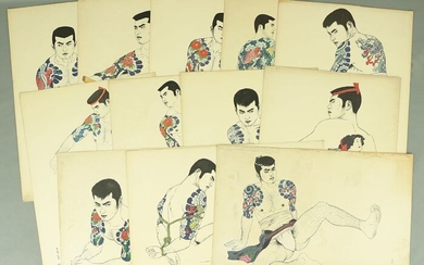 Lithograph (12) - Paper - Gay erotica - Only tattoo collections - Mishima Gō 三島剛 (1924-1988) Master of the gay erotic art world - From "Mishima Gō gashū Wakamono" 三島剛画集 若者 (Mishima Go Book of Pictures of Young Men) - Japan - 1972 (Showa 47)