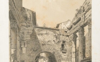 Lithograph depicting the portico of ottavia and fish market in Rome 19th century