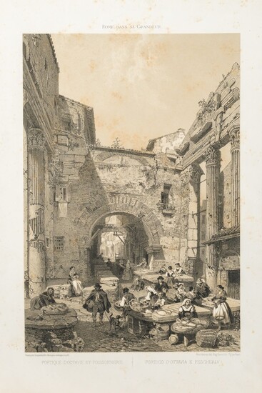 Lithograph depicting the portico of ottavia and fish market in Rome 19th century