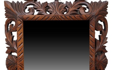 Louis XIII Style Carved Walnut Mirror, 19th c., pierced foliate crest, scrolled acanthus surround