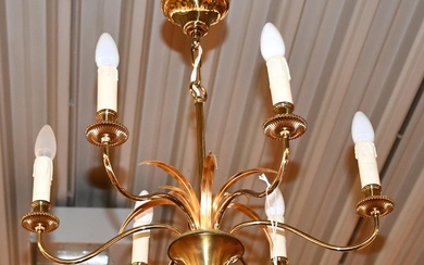 Lustre “palmier” vintage doré de style Maison Charles / Hollywood Regency, à six bras de...