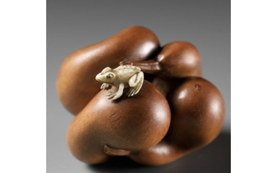 MASANAO: A FINE INLAID WOOD NETSUKE OF FIVE GOURDS AND A FROG