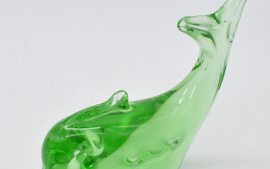 MURANO GLASS SCULPTURE, “DOLPHIN”, GREEN AND TRANSPARENT”, VINTAGE, APPROX. 11 CM.