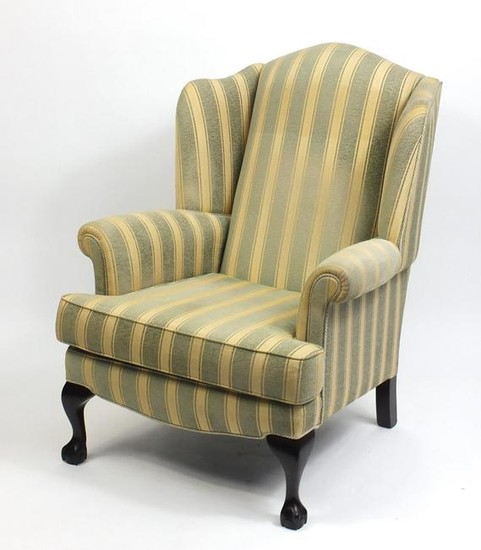 Mahogany framed wingback armchair with green and gold