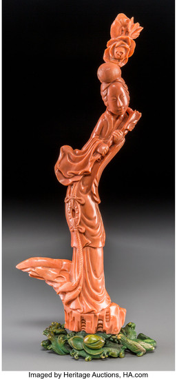 Maker unknown, A Fine Chinese Carved Coral Meiren with Stand (late Qing dynast)