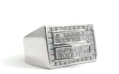Men's Princess Diamond Invisible Set Ramp Ring 14K White Gold, 2.25 CTW, 14.93 G