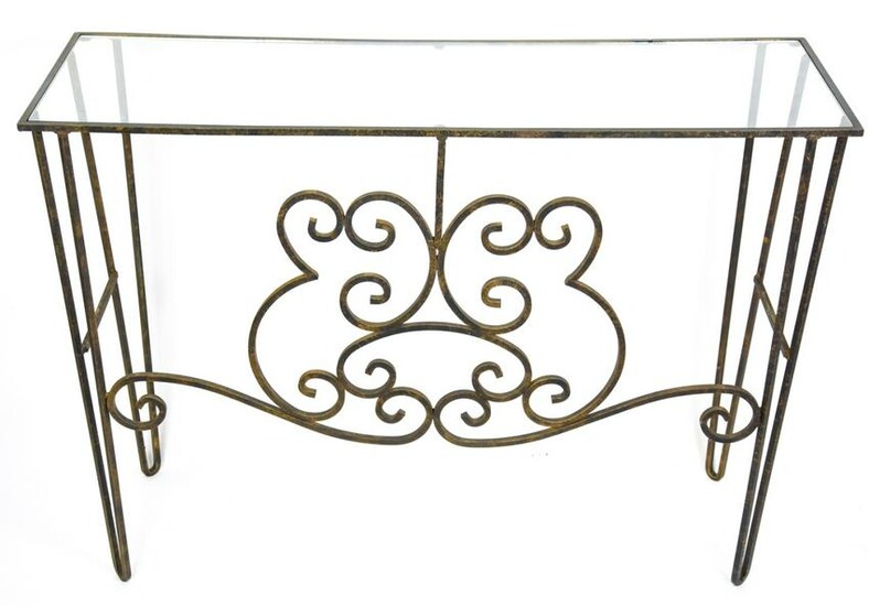 Mid Century Modern Glass Top Wrought Iron Console