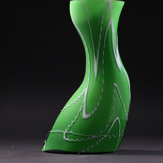 Mid-Century Modern Green Glass Abstract Drip Wave Vase