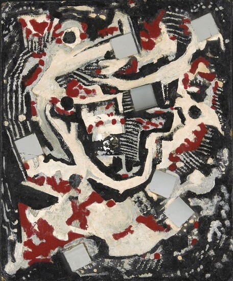 Millie Frood, Scottish 1900-1988 - Black red & white abstract; oil, household paint and assemblage on board, signed on the reverse 'M Frood', 32.3 x 26.8 cm (ARR) Provenance: gifted by the artist and thence by descent