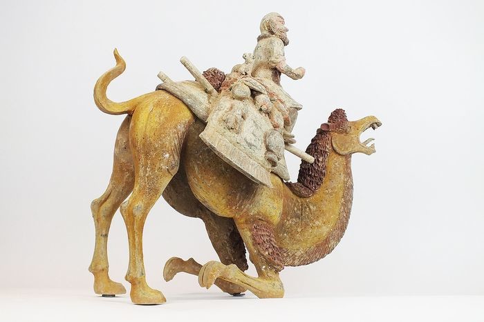 Mingqi, A Masterpiece - Terracotta -Rare Large Pottery Crouching Bactrian Camel and Sogdian Rider with Lynx - H 48 cm., L 51 cm. TL- China - Tang Dynasty (618-907)