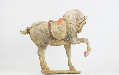 Mingqi - Terracotta - Painted Buff Pottery Figure of a Prancing Horse, TL test- China - Tang Dynasty (618-907)