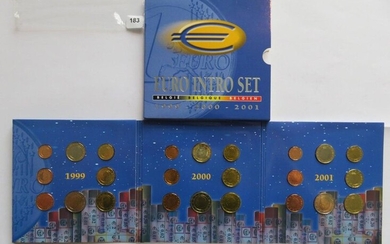 Monnaies Euros - Belgique - Séries BU "Euro intro set" 1999, 2000 et 2001 (3 x 8 monnaies, 40 000 ex.) FDC dans leurs plaquettes (Nota : la moitié des monnaies se trouvent uniquement que dans les Séries BU)