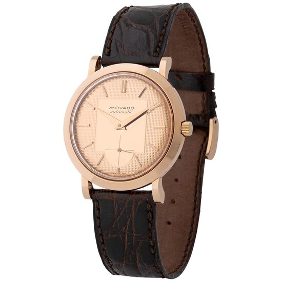 Movado. Nice and Beautiful Calatrava-Style Automatic Wristwatch in Pink Gold, Reference R8483, With Pink Guillochè Dial