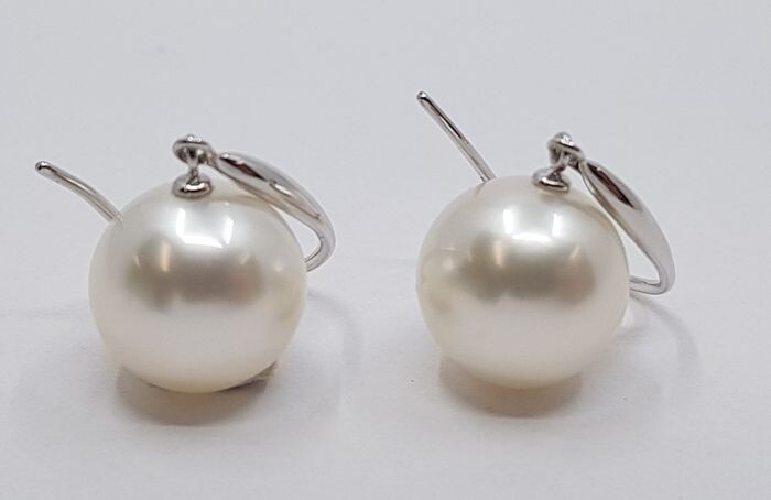 NO RESERVE PRICE - 14 kt. White Gold - 11x12mm Round South Sea Pearls - Earrings
