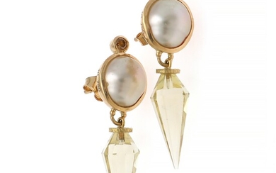 NOT SOLD. Natascha Trolle: A pair of pearl and lemon quartz ear pendants each set...