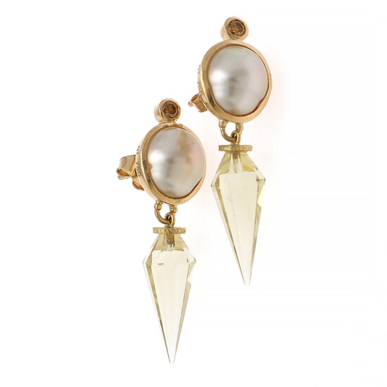 NOT SOLD. Natascha Trolle: A pair of pearl and lemon quartz ear pendants each set...