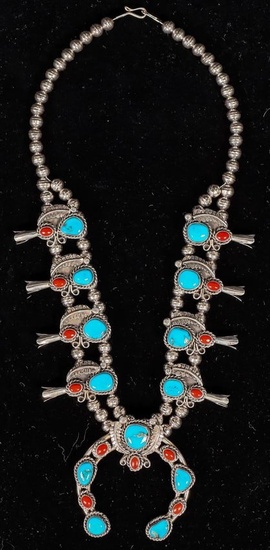 Navajo Squash Blossom Necklace Turquoise & Coral [157626]