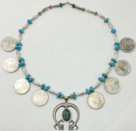Necklace w/8 Silver Dollars and Zuni Naja Pendant.