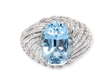 No Reserve- IGI 5.00 ct Natural Blue Beryl with 1.06 ct Natural Pink Diamonds - 14 kt. White gold - Cocktail ring Beryl