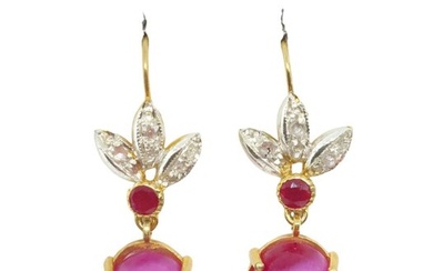 No Reserve Price - Earrings - 9 kt. Silver, Yellow gold Star Ruby - Ruby