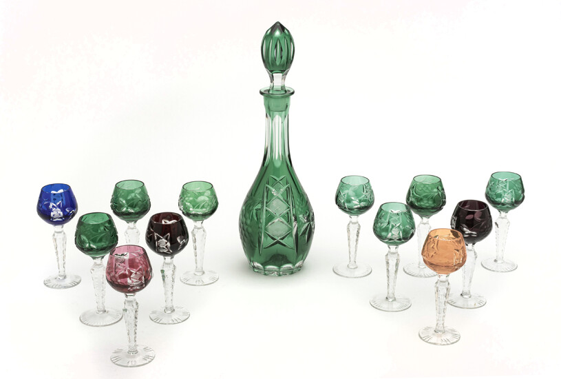 OVERLAY CRYSTAL DECANTER AND 12 GLASSES C 1950, H 13"
