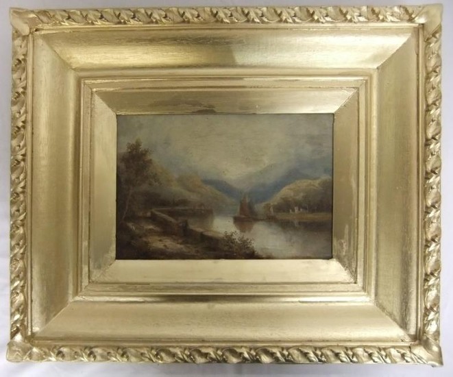 Oil on Canvas River Scene with hills to distance, figures in...