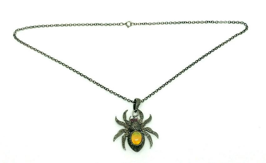 Opal Ruby Diamond Spider Pendant Silver Chain Necklace