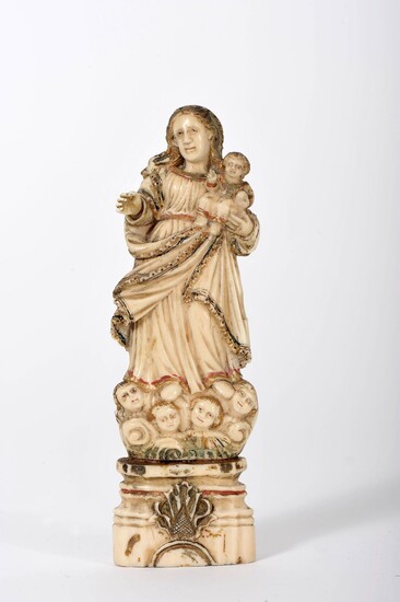Our Lady with Child Jesus standing on clouds with cherubs