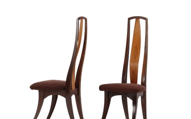 PAIR OF PALM WOOD AND MAHOGANY TALL BACK SIDE CHAIRS,...