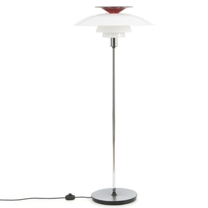 “PH 80”. Floor lamp with black lacquered plastic base, stem of chromed metal, white acrylic shades. H.