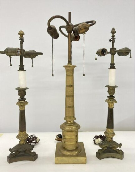 PR OF EMPIRE STYLE CANDLESTICK LAMPS & ONE ORMOLU LAMP
