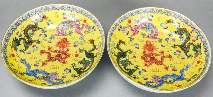 Pair Chinese Porcelain Dragon Bowls Signed