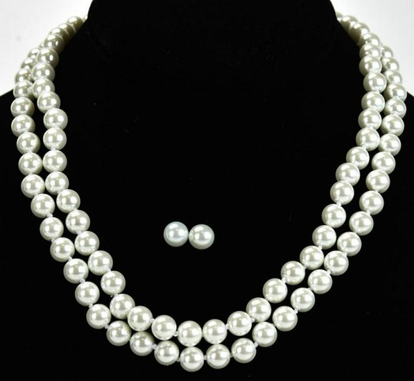 Pair Hand Knotted Pearl Necklaces w Stud Earrings