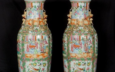 Pair Large Chinese 19th C. Rose Medallion Vases